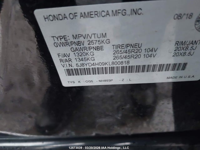 5J8YD4H09KL800818 Acura MDX