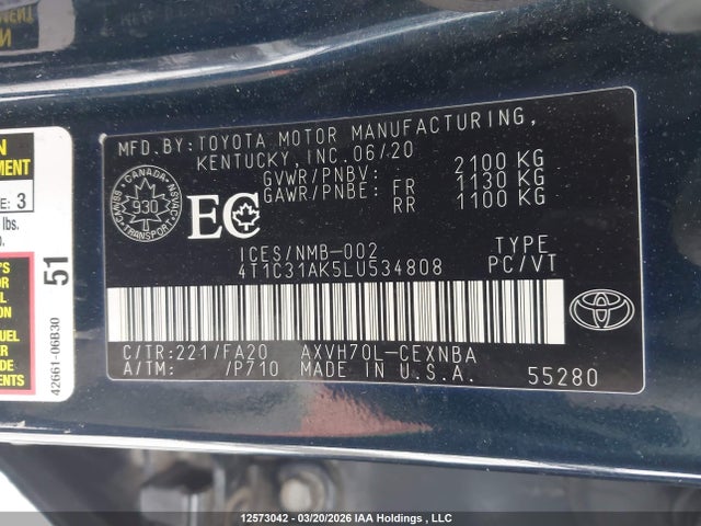 12573042 :رقم المزاد ، 4T1C31AK5LU534808 vin ، 2020 Toyota Camry Le مزاد بيع