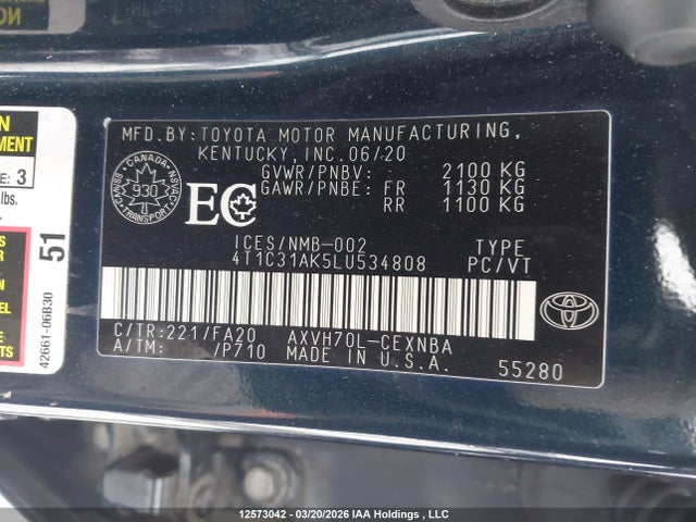 12573042 :رقم المزاد ، 4T1C31AK5LU534808 vin ، 2020 Toyota Camry Le مزاد بيع