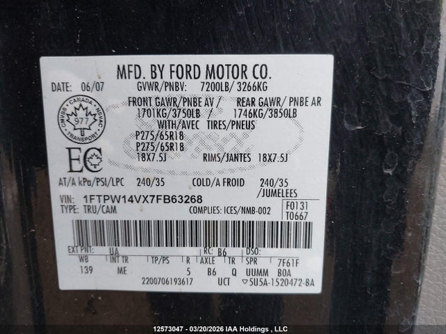 2007 Ford F150 Supercrew მანქანა იყიდება აუქციონზე, vin: 1FTPW14VX7FB63268, აუქციონის ნომერი: 12573047