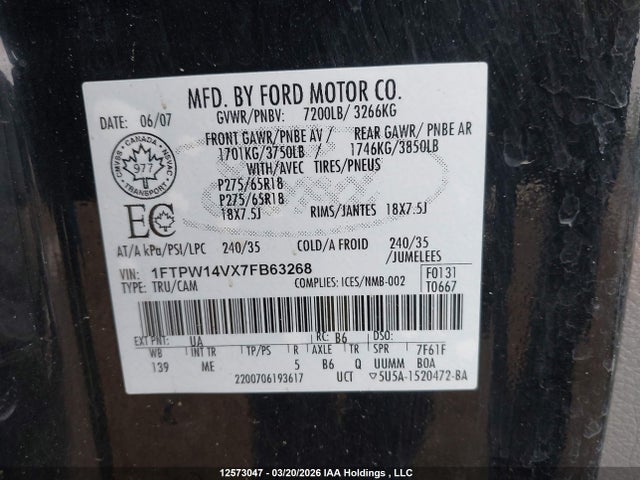 2007 Ford F150 Supercrew მანქანა იყიდება აუქციონზე, vin: 1FTPW14VX7FB63268, აუქციონის ნომერი: 12573047