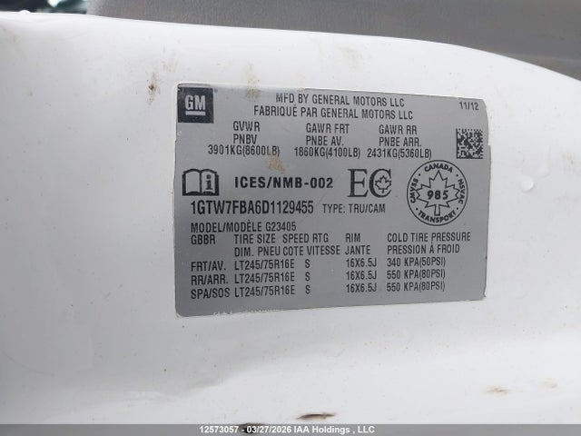 12573057 :رقم المزاد ، 1GTW7FBA6D1129455 vin ، 2013 Gmc Savana G2500 مزاد بيع
