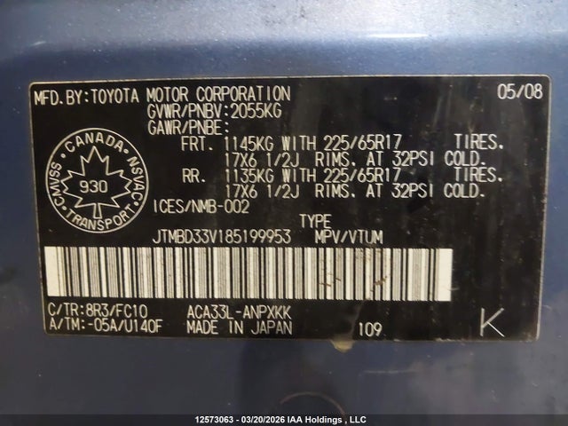 2008 Toyota Rav4 მანქანა იყიდება აუქციონზე, vin: JTMBD33V185199953, აუქციონის ნომერი: 12573063