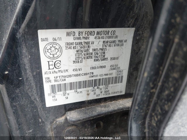 12565831 :رقم المزاد ، 1FT7W2BT6BEC89178 vin ، 2011 Ford F-250 Lariat مزاد بيع