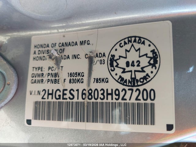Aukcja sprzedaży 2003 Honda Civic Lx, vin: 2HGES16803H927200, numer aukcji: 12573071
