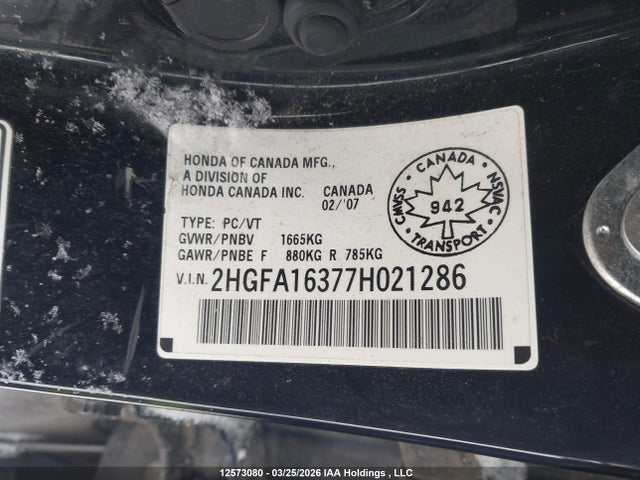 12573080 :رقم المزاد ، 2HGFA16377H021286 vin ، 2007 Honda Civic Dx مزاد بيع