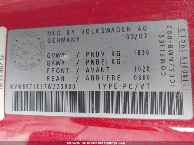 2007 Volkswagen Rabbit 3-door მანქანა იყიდება აუქციონზე, vin: WVWBR71K97W220980, აუქციონის ნომერი: 12573086