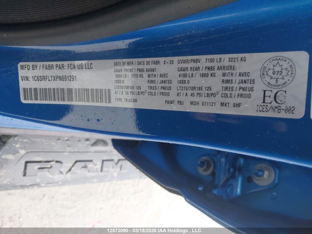 12573090 :رقم المزاد ، 1C6SRFLTXPN691291 vin ، 2023 Ram 1500 Rebel مزاد بيع
