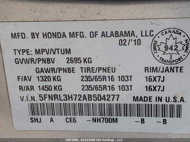 Aukcja sprzedaży 2010 Honda Odyssey Exl, vin: 5FNRL3H72AB504277, numer aukcji: 12573096