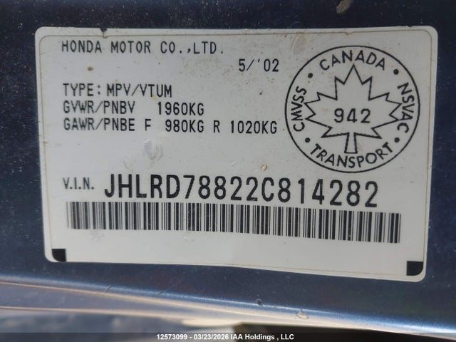 2002 Honda Cr-v Ex მანქანა იყიდება აუქციონზე, vin: JHLRD78822C814282, აუქციონის ნომერი: 12573099