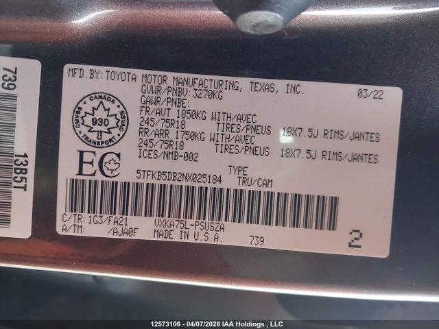 2022 Toyota Tundra მანქანა იყიდება აუქციონზე, vin: 5TFKB5DB2NX025184, აუქციონის ნომერი: 12573106