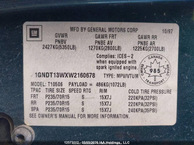 12573112 :رقم المزاد ، 1GNDT13WXW2160678 vin ، 1998 Chevrolet Blazer Ls/lt مزاد بيع