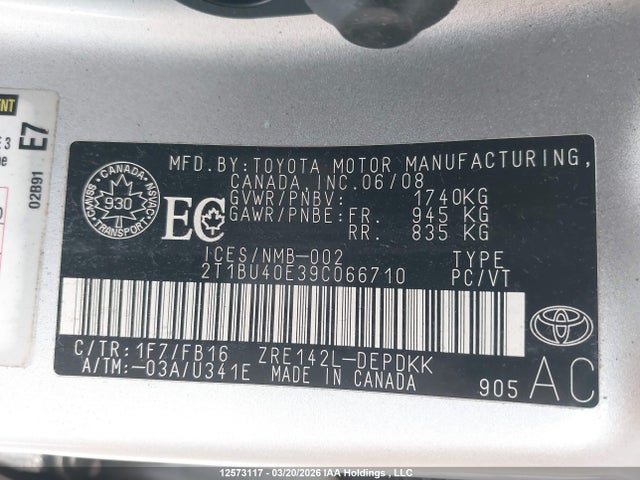 12573117 :رقم المزاد ، 2T1BU40E39C066710 vin ، 2009 Toyota Corolla S/le/xle مزاد بيع