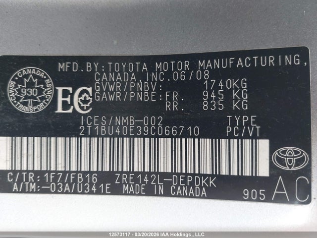 12573117 :رقم المزاد ، 2T1BU40E39C066710 vin ، 2009 Toyota Corolla S/le/xle مزاد بيع