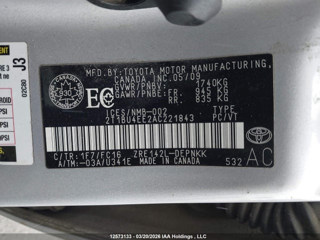 2010 Toyota Corolla Le მანქანა იყიდება აუქციონზე, vin: 2T1BU4EE2AC221843, აუქციონის ნომერი: 12573133