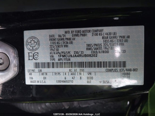 Aukcja sprzedaży 2024 Ford Escape Platinum, vin: 1FMCU9JA4RUB08202, numer aukcji: 12573139
