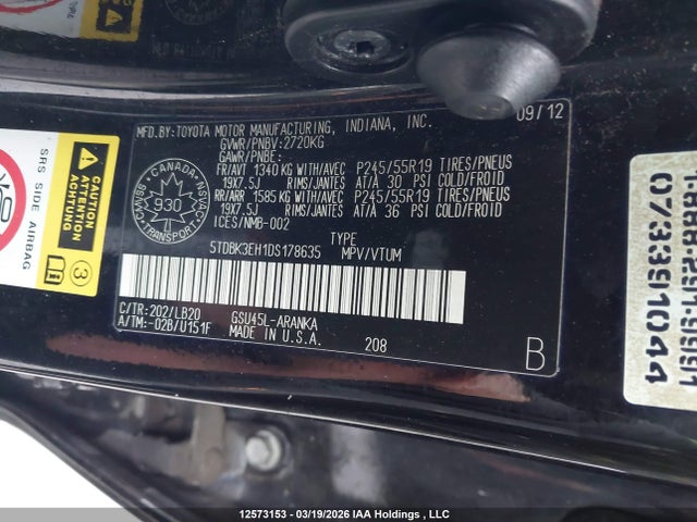 Aukcja sprzedaży 2013 Toyota Highlander V6, vin: 5TDBK3EH1DS178635, numer aukcji: 12573153