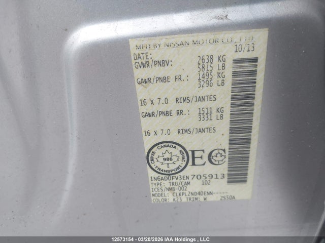 2014 Nissan Frontier Sl/sv მანქანა იყიდება აუქციონზე, vin: 1N6AD0FV3EN705913, აუქციონის ნომერი: 12573154