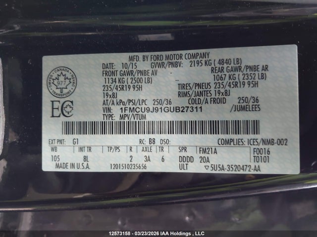 Продаж на аукціоні авто 2016 Ford Escape Titanium, vin: 1FMCU9J91GUB27311, номер лоту: 12573158