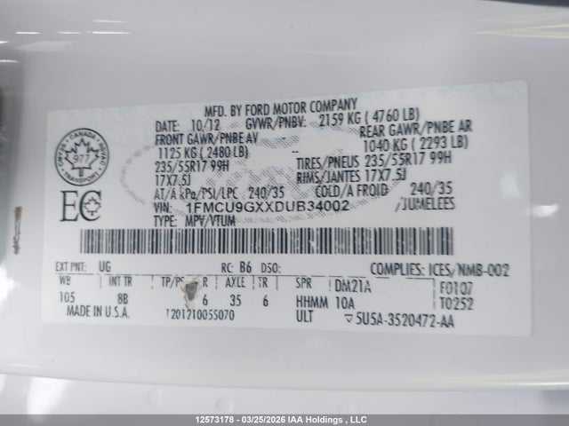 Aukcja sprzedaży 2013 Ford Escape Se, vin: 1FMCU9GXXDUB34002, numer aukcji: 12573178