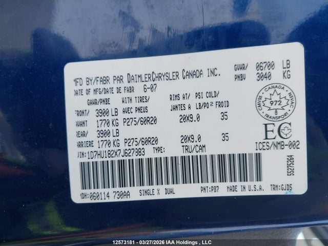 Aukcja sprzedaży 2007 Dodge Ram 1500 Laramie, vin: 1D7HU182X7J627883, numer aukcji: 12573181