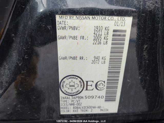 Продажа на аукционе авто 2013 Nissan Altima, vin: 1N4AL3AP9DN509740, номер лота: 12573192