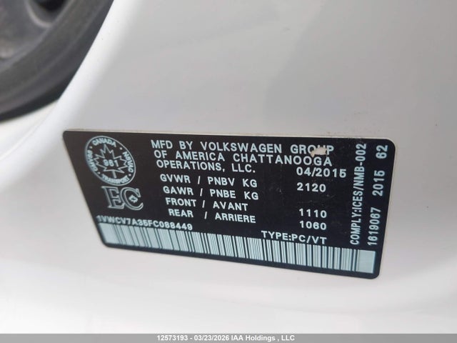 12573193 :رقم المزاد ، 1VWCV7A35FC088449 vin ، 2015 Volkswagen Passat 2.0 Tdi Highline مزاد بيع