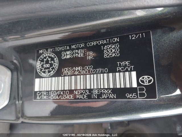 Aukcja sprzedaży 2012 Toyota Yaris, vin: JTDBT4K38CL027710, numer aukcji: 12573195
