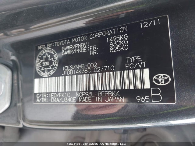 Aukcja sprzedaży 2012 Toyota Yaris, vin: JTDBT4K38CL027710, numer aukcji: 12573195