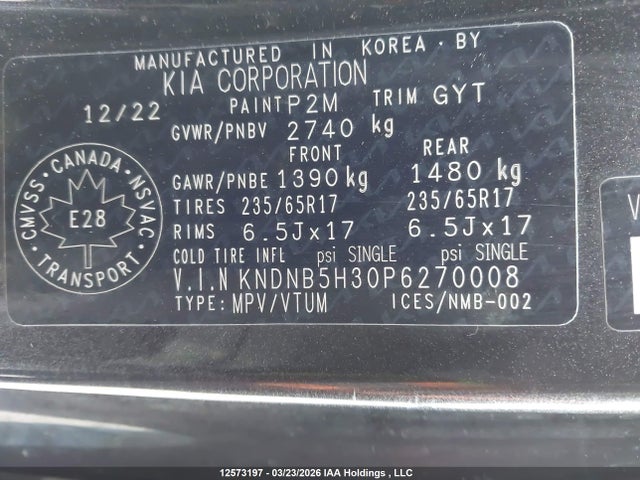 Aukcja sprzedaży 2023 Kia Carnival Lx/lx+, vin: KNDNB5H30P6270008, numer aukcji: 12573197