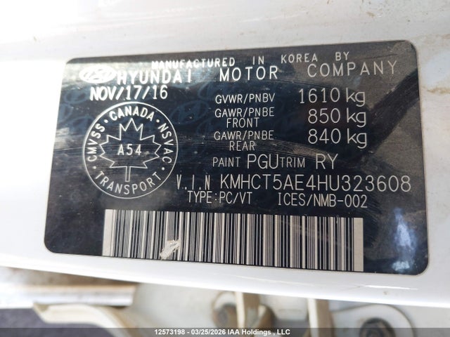KMHCT5AE4HU323608 Hyundai ACCENT SE