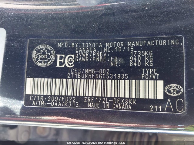 Продаж на аукціоні авто 2016 Toyota Corolla S, vin: 2T1BURHE6GC531835, номер лоту: 12573208