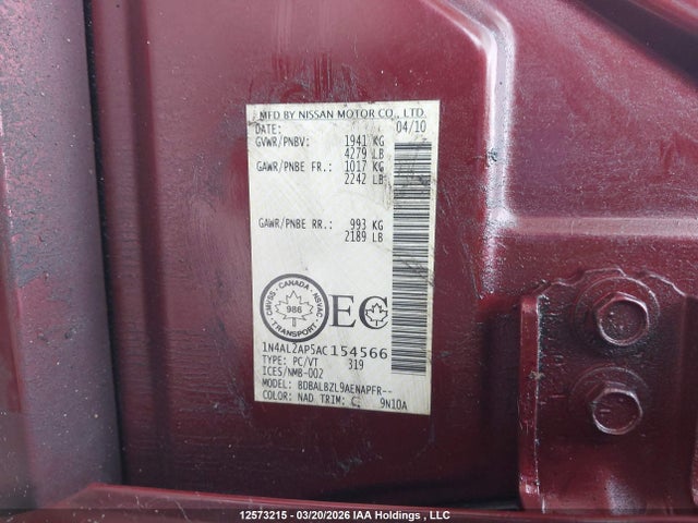 Продажа на аукционе авто 2010 Nissan Altima 2.5 S, vin: 1N4AL2AP5AC154566, номер лота: 12573215