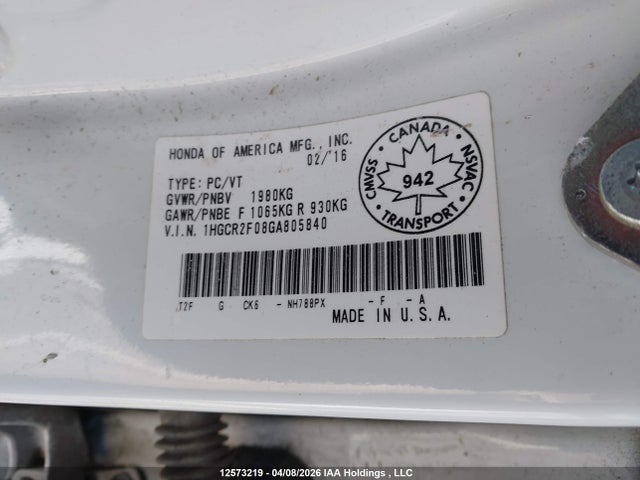1HGCR2F08GA805840 Honda ACCORD EX