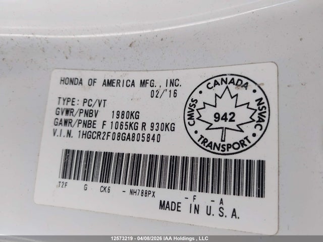 1HGCR2F08GA805840 Honda ACCORD EX