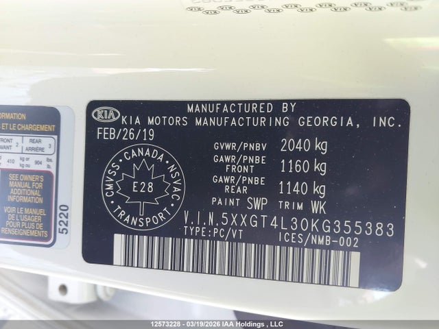 5XXGT4L30KG355383 KIA Optima Lx/lx+