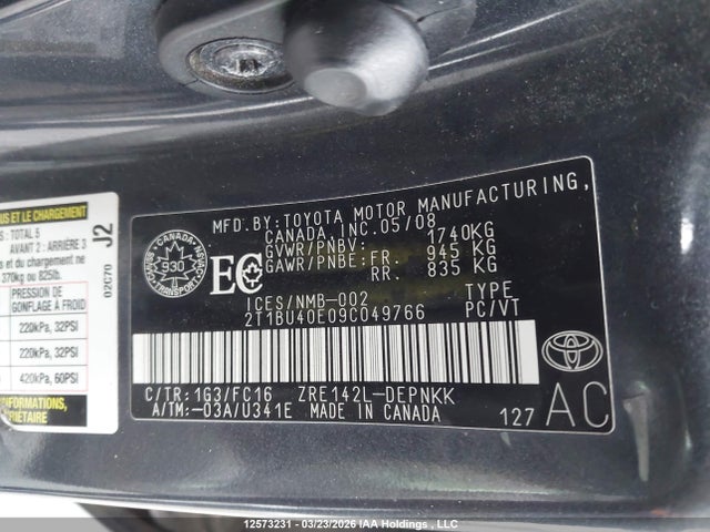 12573231 :رقم المزاد ، 2T1BU40E09C049766 vin ، 2009 Toyota Corolla Le مزاد بيع