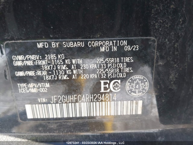Aukcja sprzedaży 2024 Subaru Crosstrek Onyx, vin: JF2GUHFC4RH294814, numer aukcji: 12573241