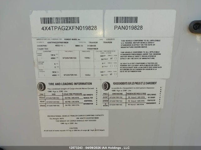 12573243 :رقم المزاد ، 4X4TPAG2XFN019828 vin ، 2015 Palomino  مزاد بيع