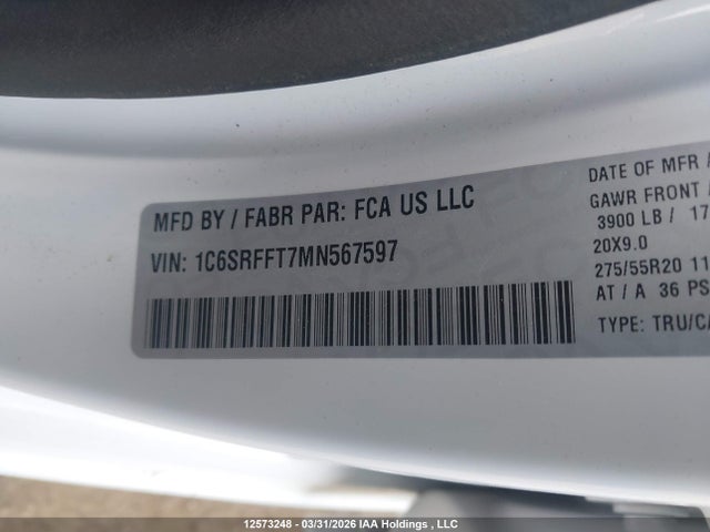 2021 Ram 1500 Big Horn მანქანა იყიდება აუქციონზე, vin: 1C6SRFFT7MN567597, აუქციონის ნომერი: 12573248