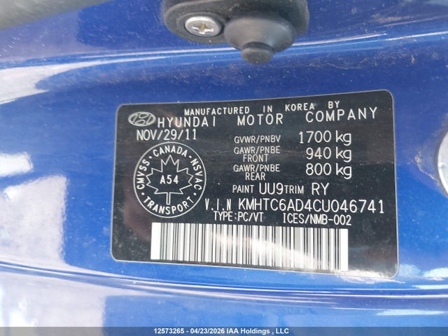 12573265 :رقم المزاد ، KMHTC6AD4CU046741 vin ، 2012 Hyundai Veloster مزاد بيع