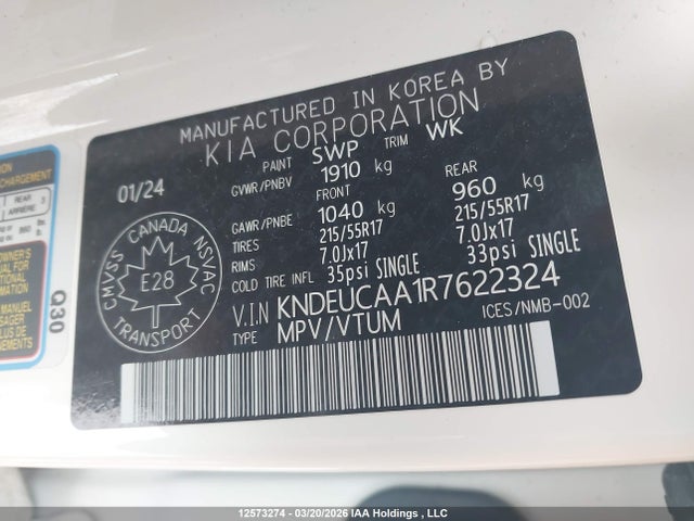 12573274 :رقم المزاد ، KNDEUCAA1R7622324 vin ، 2024 Kia Seltos S مزاد بيع