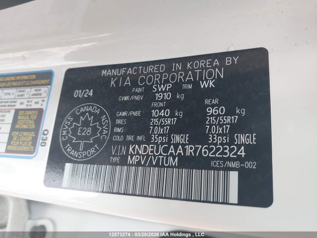 12573274 :رقم المزاد ، KNDEUCAA1R7622324 vin ، 2024 Kia Seltos S مزاد بيع