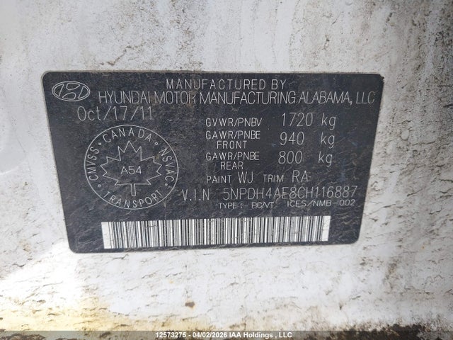 2012 Hyundai Elantra Gls/limited მანქანა იყიდება აუქციონზე, vin: 5NPDH4AE8CH116887, აუქციონის ნომერი: 12573275