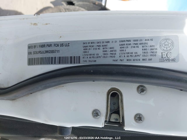 2021 Dodge Ram 2500 მანქანა იყიდება აუქციონზე, vin: 3C6UR5JL3MG555711, აუქციონის ნომერი: 12573276