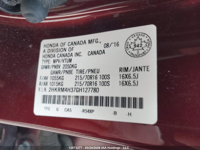 Продажа на аукционе авто 2016 Honda Cr-v Lx, vin: 2HKRM4H37GH127780, номер лота: 12573277
