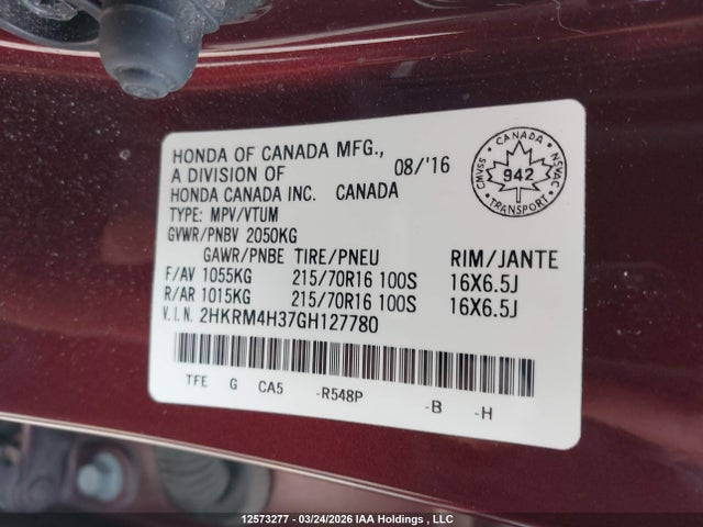 Продажа на аукционе авто 2016 Honda Cr-v Lx, vin: 2HKRM4H37GH127780, номер лота: 12573277