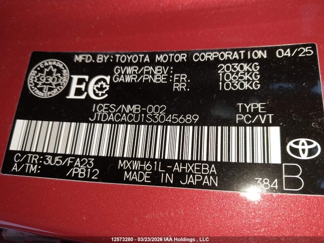 12573280 :رقم المزاد ، JTDACACU1S3045689 vin ، 2025 Toyota Prius Plug-in Hybrid Se مزاد بيع