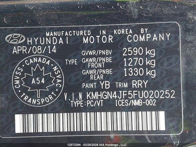 Aukcja sprzedaży 2015 Hyundai Genesis 5.0l, vin: KMHGN4JF5FU020252, numer aukcji: 12573294