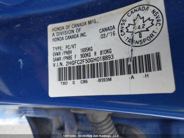 Продаж на аукціоні авто 2016 Honda Civic, vin: 2HGFC2F50GH018893, номер лоту: 12573304